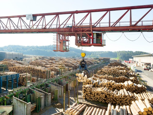 crane moving timber outside factory