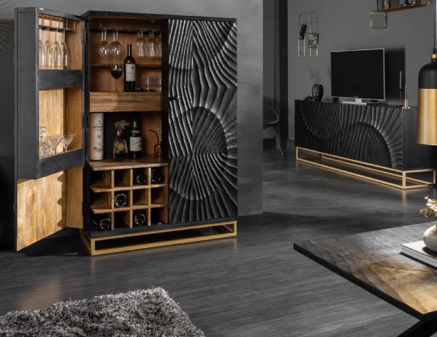 dark wood bar cabinet with open door showing glasses and bottle inside