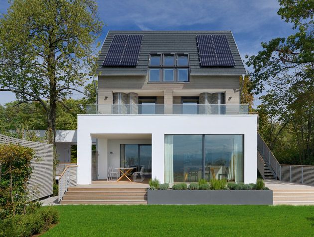 new-build features two sets of solar PVs that sit proud of the roof without marring its visual appeal