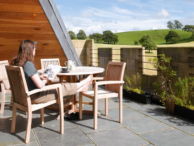 Views over the Yorkshire countryside from the terrace of Hellifield Peel Castle 