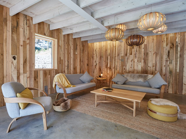 The wooden clad living area of the steam bent timber house from Grand Designs 2016