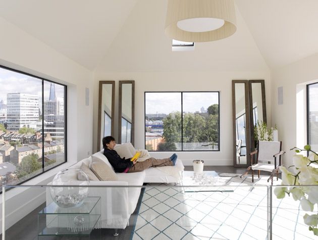 Large, bright living room of the Kennington water tower from Grand Designs