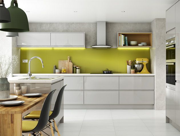 How to create a luxury kitchen on a budget. White tiles floor yellow backsplash grey cabinets 