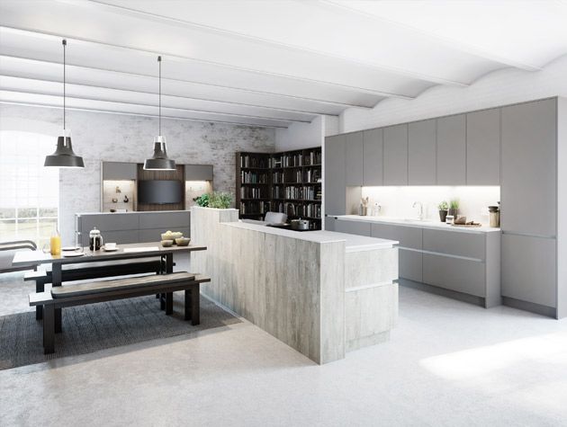 grey kitchen marble island wood bench industrial grey lights