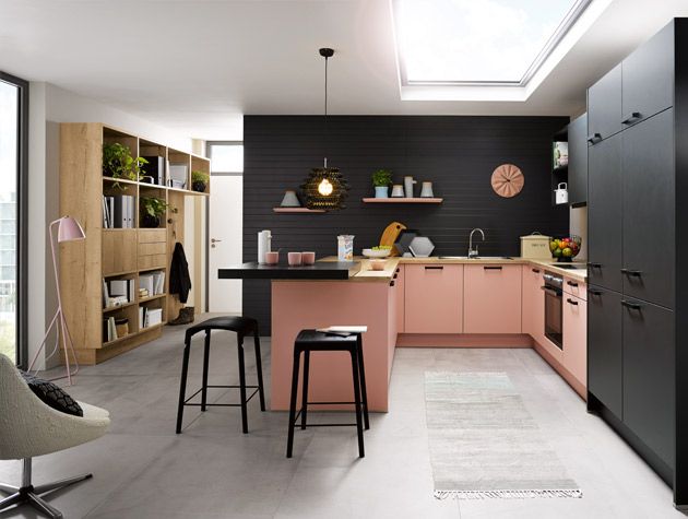 Black and pink kitchen cabinets black small barstools egg chair wooden unit