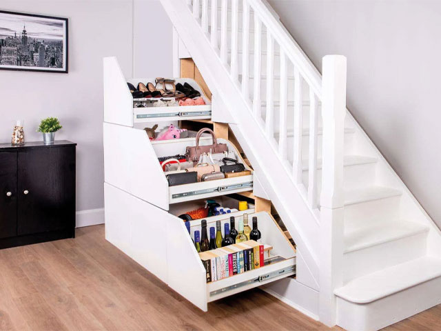 white stairs with six hidden drawers with books and wine bottles purses and shoes in rack wooden flooring black sideboard