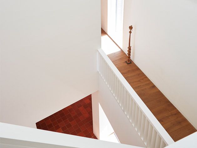 inside the caring wood sloping staircases