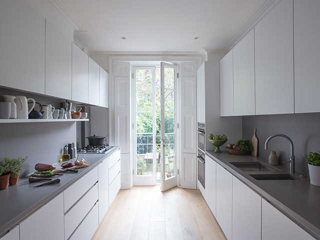 Galley kitchen layouts with white units