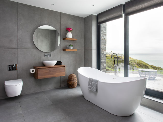 bathroom of grand designs tv house 2019 Galloway, Scotland mirror cabinet vanity unit in walnut wood