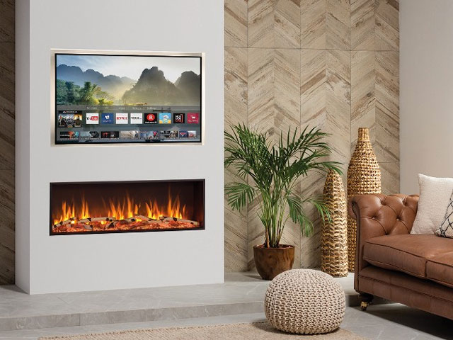 fireplace design: electric fire mounted in a media wall below a big hd tv