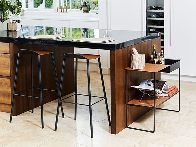 brands that use recycled materials: lind dna uses recycled leather in its bar stools and sideboards
