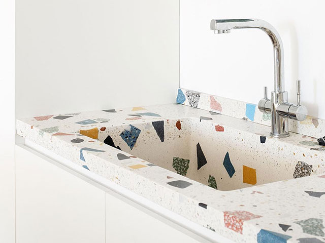 huguet terrazzo sink in a kitchen - grand designs