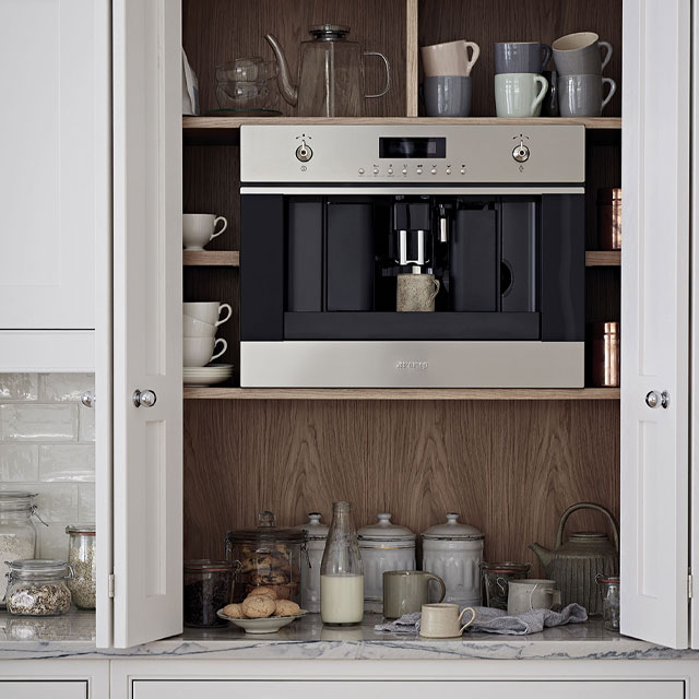 kitchen trends: breakfast station with coffee making machine and storage