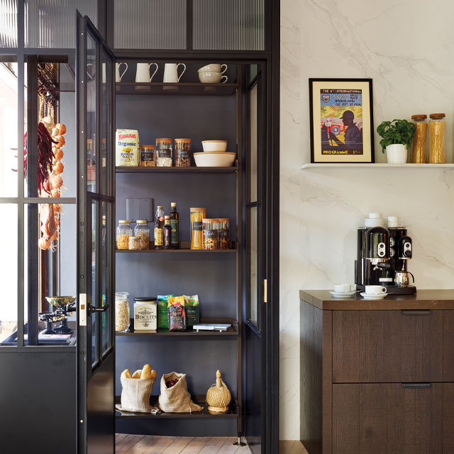 kitchen trends: walk-in larder pantry with Crittall-style glass doors