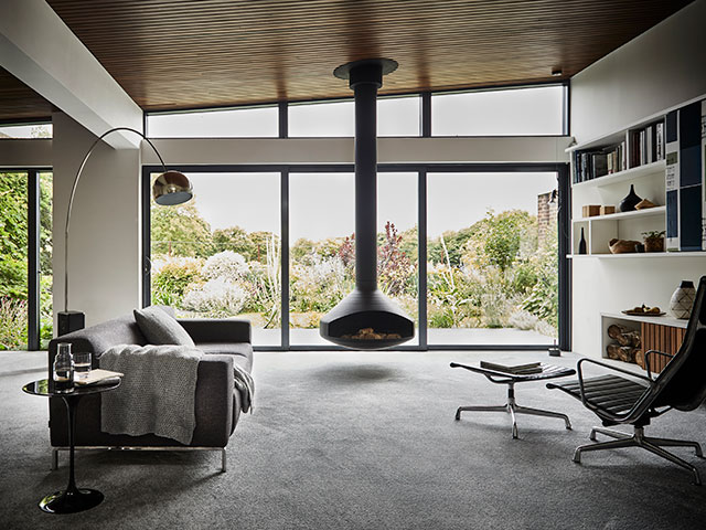 architectural living room with wool carpet - grand designs