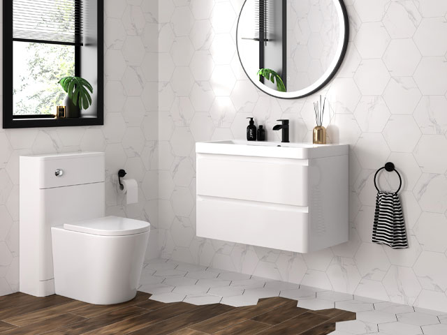 Corsica Gloss White Wall Hung Vanity Unit, £299.99 from Bathroom Mountain