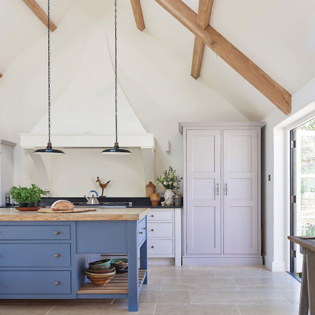 kitchen pendants suspended from vaulted ceiling
