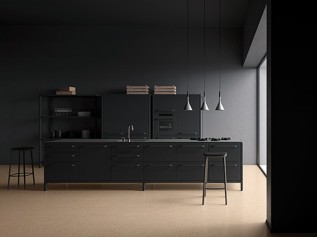 sustainable cork flooring by granorte in a black kitchen