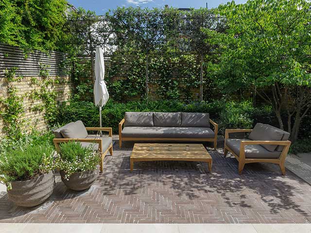 Herringbone clay pavers in courtyard garden outdoor flooring