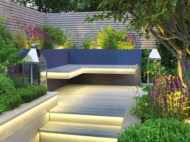composite decking with steps and glowing outdoor flooring