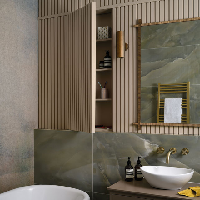 bathroom storage ideas - concealed cupboard within a timber-clad false wall