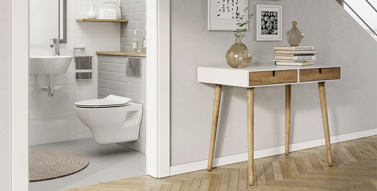 downstairs bathroom ideas: an under stairs WC in neutral colours