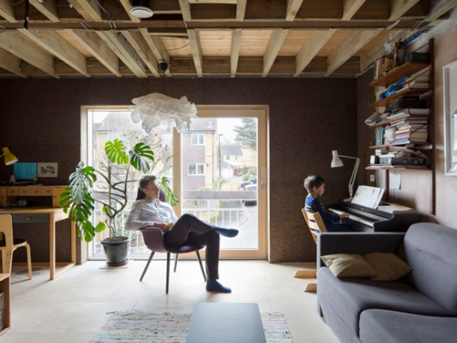 cork clad interior of home renovated to enerphit standards - grand designs