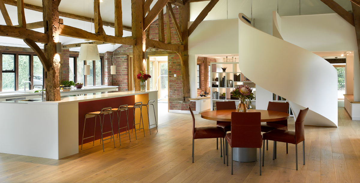 modern kitchen in a period home with timber beams
