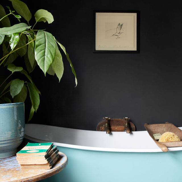 Vintage bathroom ideas: salvaged refurbished bathtub in pale green against dark walls