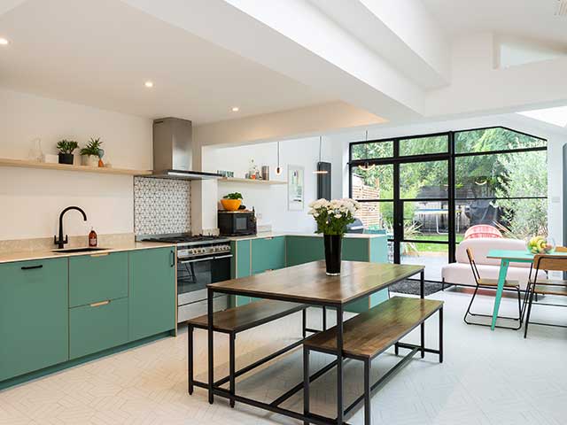 Crittall windows and doors in open plan kitchen diner