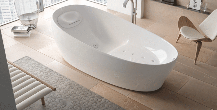 Overhead view of the Toto flotation tub in a home spa bathroom