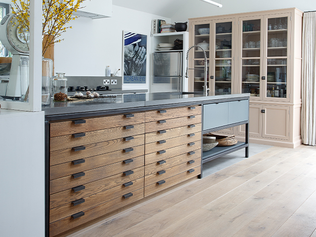 View of a kitchen with a pale oak