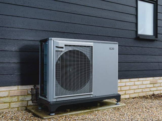 An air source heat pump is installed outdoors. Priced from £9,000, Nibe’s F2040 model has a heat output of 8kW