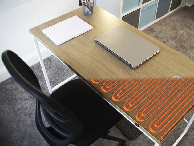 top down view of desk showing mock up of interior heating elements