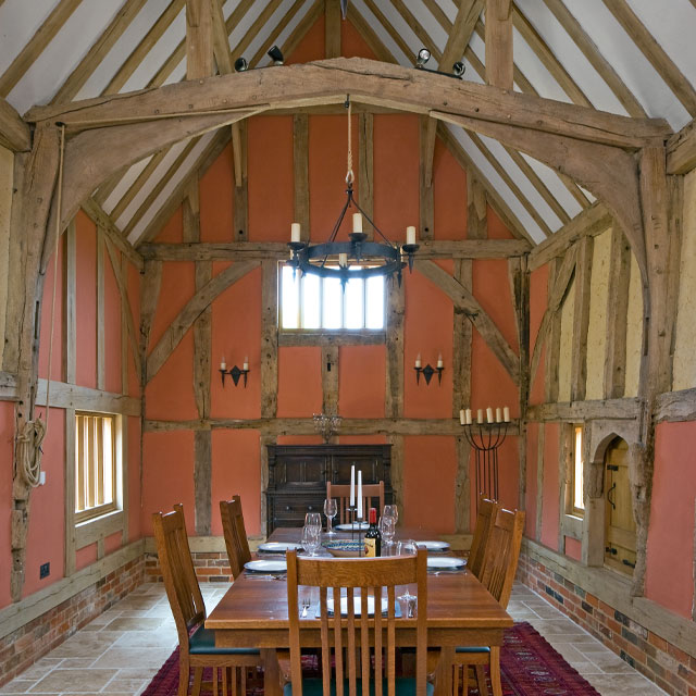 Inside the Tudor guildhall from Grand Designs: the dining room retains its distinctively Tudor character