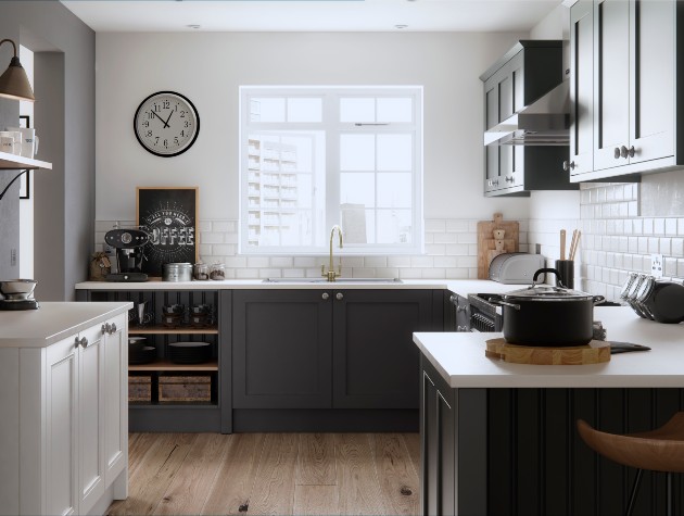 Kitchen with cabinet doors in two colours white metro tiles