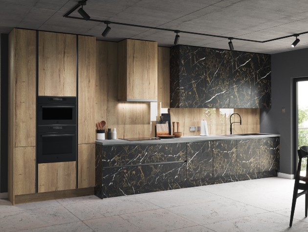 kitchen with patterned cabinet doors integrated oven