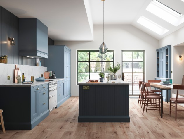 shaker style kitchen with island dining table and chairs