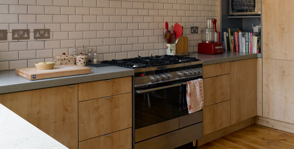 Close up view of a range cooker in a kitchen