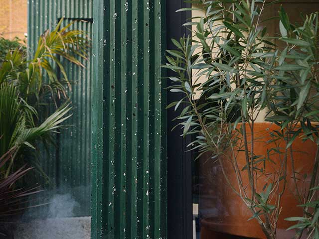 Forest green terrazzo-clad self build garden office with pot plants outside