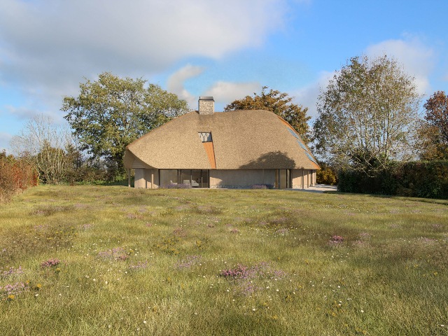 garden leading to modern thatched cottage