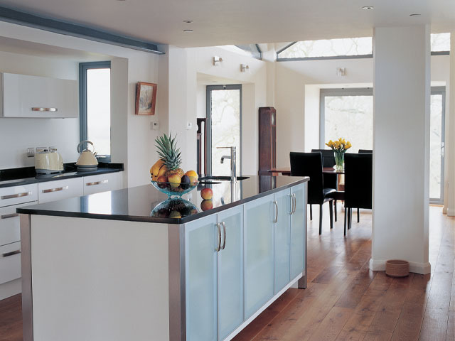 Interior of the Grand Designs water tower in Kent - the modern kitchen is full of light