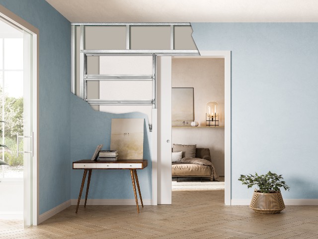 Modern one-bedroom flat with Eclisse pocket door system