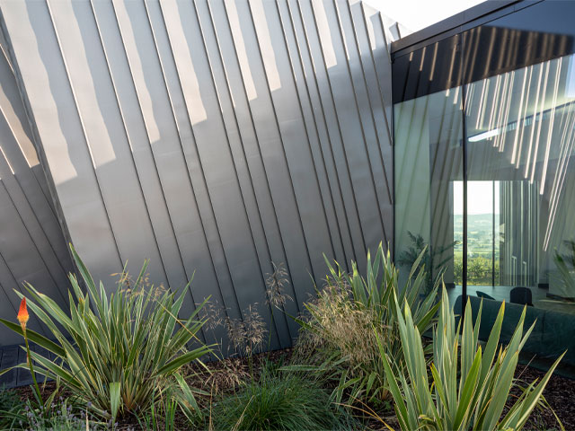 Exotic planting contrasting the metal walls of the shard house from Grand Designs in Devon