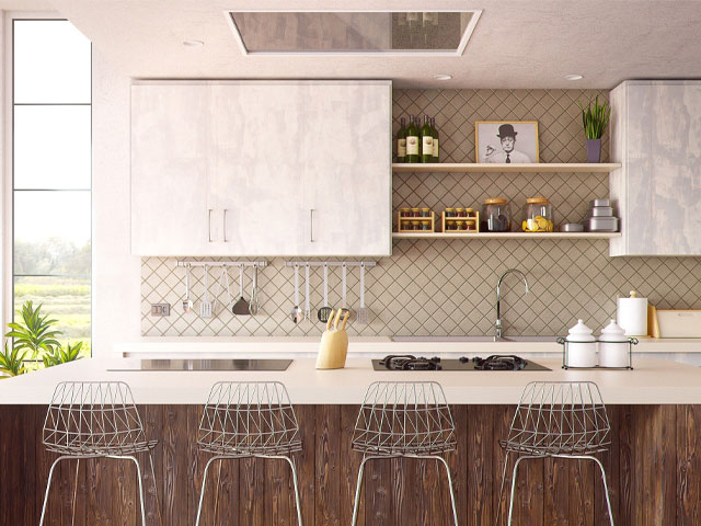 modern kitchen with marble effect cupboards, kitchen island and neutral tiles