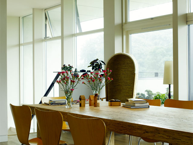 The kitchen with floor to ceiling windows in the Grand Designs lime kiln house