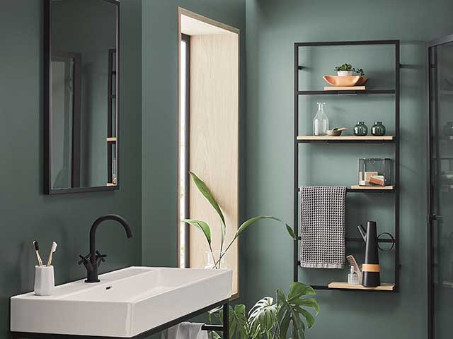 Noir ceramic basin in teal bathroom with wall quirky shelving unit and houseplants 