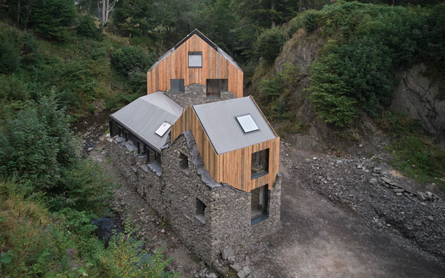 An overhead view of a converted mill in a Cumbrian valley
