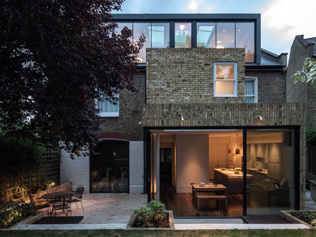 glass roof extension in wimbledon with kitchen extension into rear garden