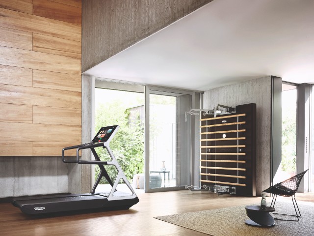 home gym with treadmill and wall rack in contemporary house with high ceilings